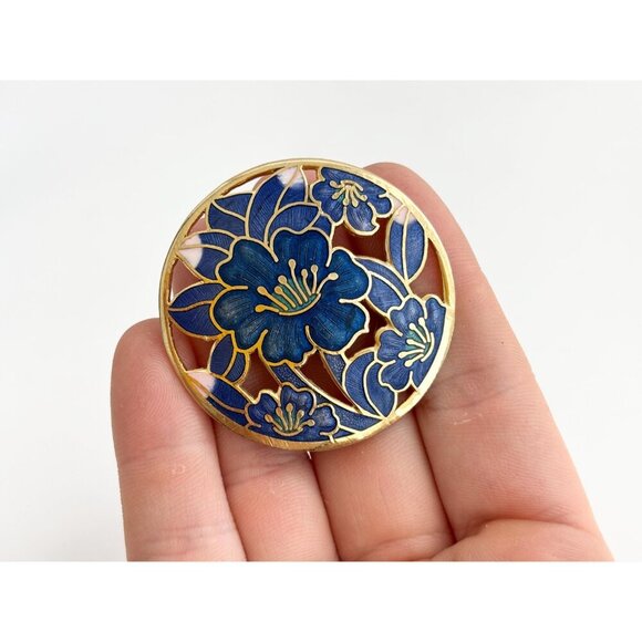 Blue Cloissone Floral Circular Gold Toned XL 90's Vintage Lapel Brooch Pin - Picture 7 of 9